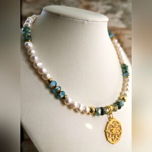 Sparkling Light Blue Glass & Freshwater Pearls W/ Pendant In Beaded Necklace
